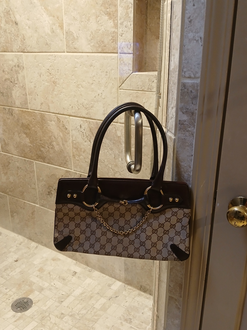 Gucci Brown GG Monogram Shoulder Bag with Gold Chain Accent